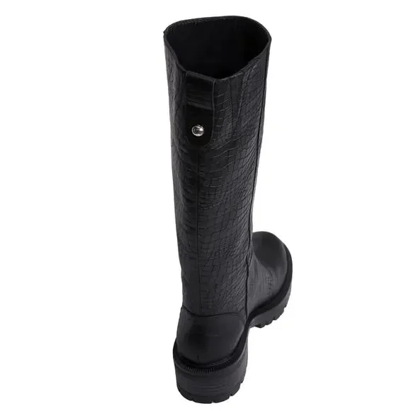 Paige Bella Black Tall/Knee High Boots Sz 9.5 Croc Embossed Leather Lug Sole New